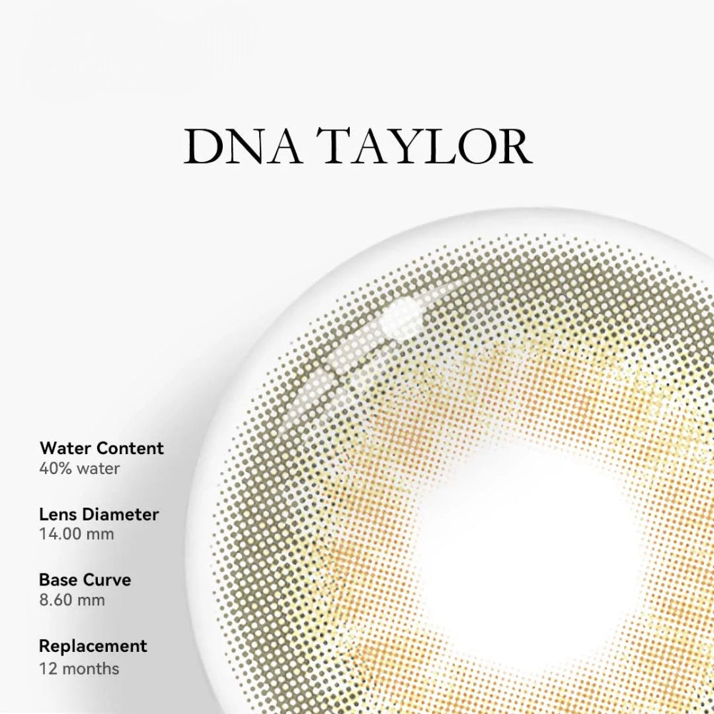DNA Taylor contact lenses, brown hazel colored contacts, natural eye enhancement, outdoor activity lenses, FDA approved cosmetic lenses, yearly disposable contacts, casual style enhancement, HEMA contact lenses, 14.2mm eye lenses, sunlight enhancement contacts, prescription plano lenses, active lifestyle products, comfortable eye lenses, natural beauty enhancement, music event contacts, everyday essential lenses