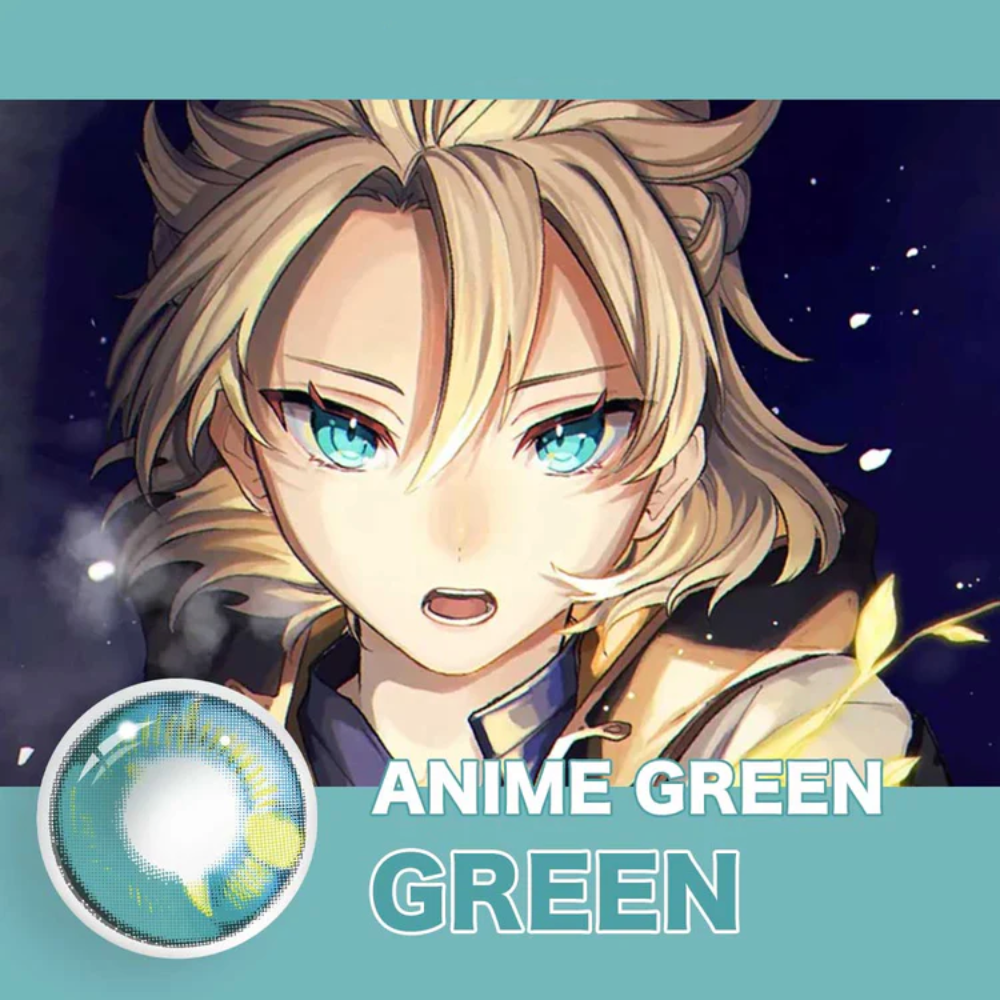 Anime green contact lenses, crazy colored contacts, cosplay contact lenses, dramatic eye enhancement, FDA approved cosmetic lenses, yearly disposable contacts, Halloween contact lenses, theme party contacts, HEMA contact lenses, 14.5mm eye lenses, vibrant green contacts, prescription plano lenses, costume accessories, fashion show contacts, special effects lenses, bold style enhancement