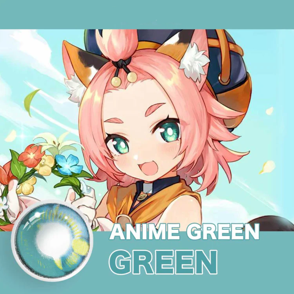 Anime green contact lenses, crazy colored contacts, cosplay contact lenses, dramatic eye enhancement, FDA approved cosmetic lenses, yearly disposable contacts, Halloween contact lenses, theme party contacts, HEMA contact lenses, 14.5mm eye lenses, vibrant green contacts, prescription plano lenses, costume accessories, fashion show contacts, special effects lenses, bold style enhancement