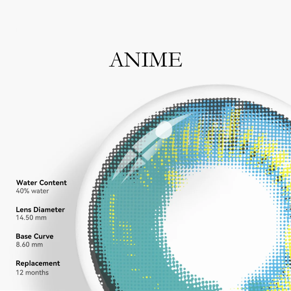 Anime green contact lenses, crazy colored contacts, cosplay contact lenses, dramatic eye enhancement, FDA approved cosmetic lenses, yearly disposable contacts, Halloween contact lenses, theme party contacts, HEMA contact lenses, 14.5mm eye lenses, vibrant green contacts, prescription plano lenses, costume accessories, fashion show contacts, special effects lenses, bold style enhancement