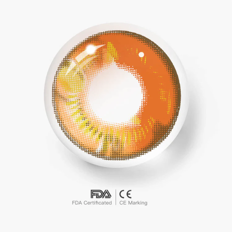 Anime brown contact lenses, crazy colored contacts, cosplay contact lenses, brown and yellow lenses, manga eye contacts, dramatic eye enhancement, FDA approved cosmetic lenses, yearly disposable contacts, gold accent lenses, HEMA contact lenses, 14.5mm eye lenses, character transformation, costume accessories, Freshlady products, expressive eye contacts, convention essentials