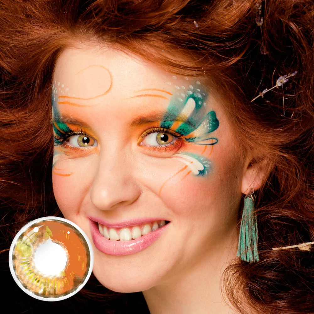 Anime brown contact lenses, crazy colored contacts, cosplay contact lenses, brown and yellow lenses, manga eye contacts, dramatic eye enhancement, FDA approved cosmetic lenses, yearly disposable contacts, gold accent lenses, HEMA contact lenses, 14.5mm eye lenses, character transformation, costume accessories, Freshlady products, expressive eye contacts, convention essentials