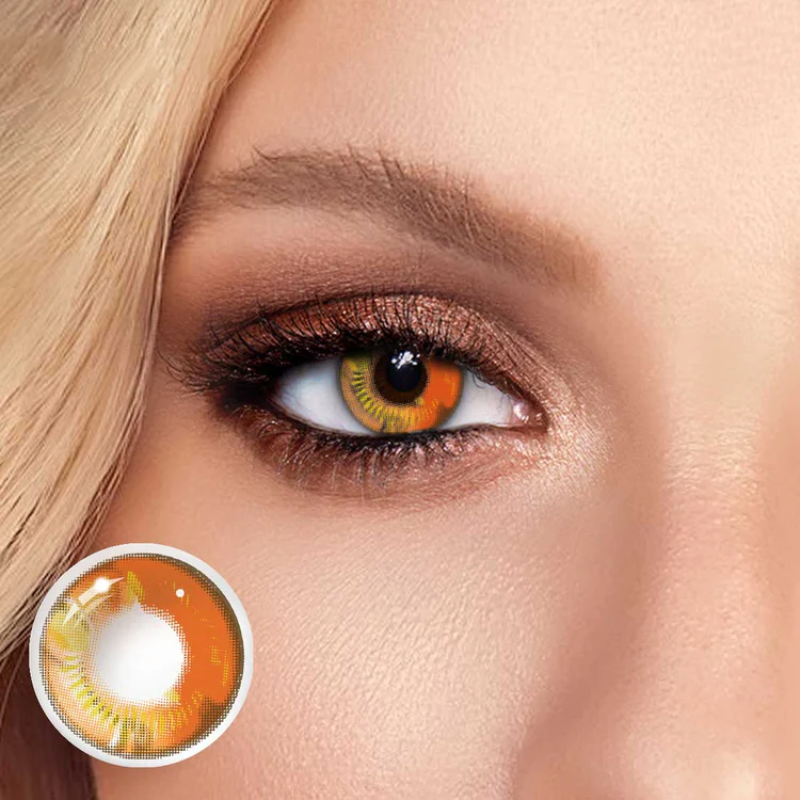 Anime brown contact lenses, crazy colored contacts, cosplay contact lenses, brown and yellow lenses, manga eye contacts, dramatic eye enhancement, FDA approved cosmetic lenses, yearly disposable contacts, gold accent lenses, HEMA contact lenses, 14.5mm eye lenses, character transformation, costume accessories, Freshlady products, expressive eye contacts, convention essentials