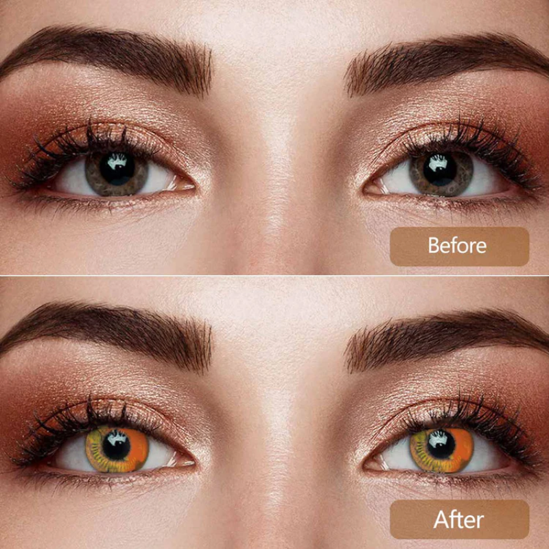 Anime brown contact lenses, crazy colored contacts, cosplay contact lenses, brown and yellow lenses, manga eye contacts, dramatic eye enhancement, FDA approved cosmetic lenses, yearly disposable contacts, gold accent lenses, HEMA contact lenses, 14.5mm eye lenses, character transformation, costume accessories, Freshlady products, expressive eye contacts, convention essentials