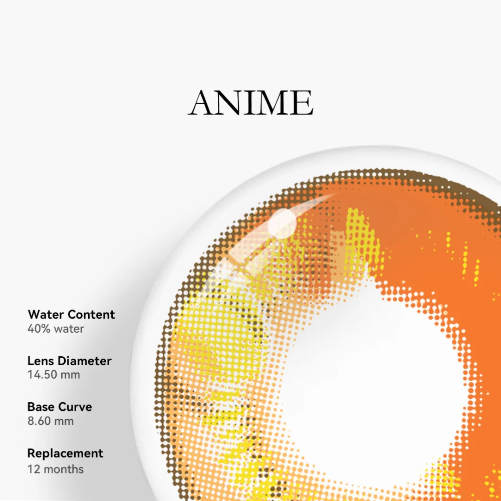 Anime brown contact lenses, crazy colored contacts, cosplay contact lenses, brown and yellow lenses, manga eye contacts, dramatic eye enhancement, FDA approved cosmetic lenses, yearly disposable contacts, gold accent lenses, HEMA contact lenses, 14.5mm eye lenses, character transformation, costume accessories, Freshlady products, expressive eye contacts, convention essentials