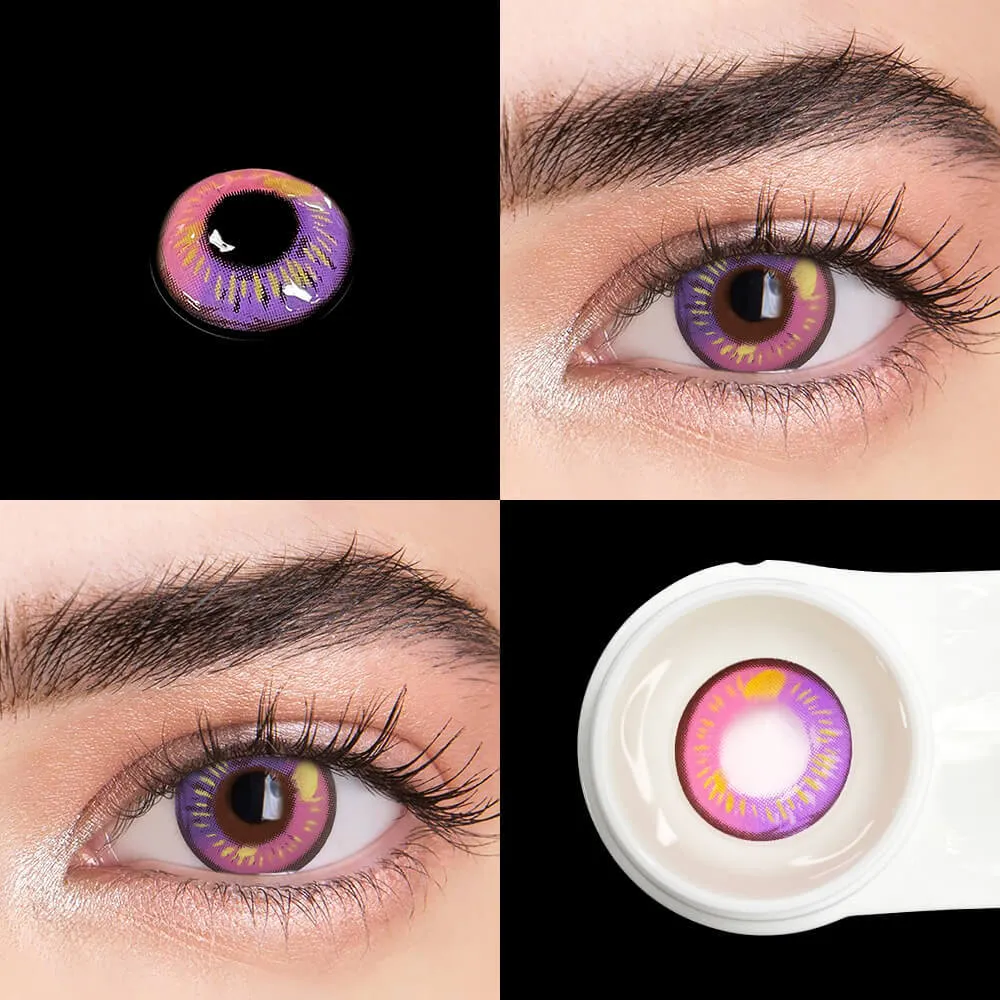 Anime violet contact lenses, crazy colored contacts, purple blue maroon lenses, cosplay contact lenses, dramatic eye enhancement, FDA approved cosmetic lenses, yearly disposable contacts, unique color combination, HEMA contact lenses, 14.5mm eye lenses, special effects contacts, prescription plano lenses, costume accessories, fashion show contacts, playful style enhancement, vibrant eye color