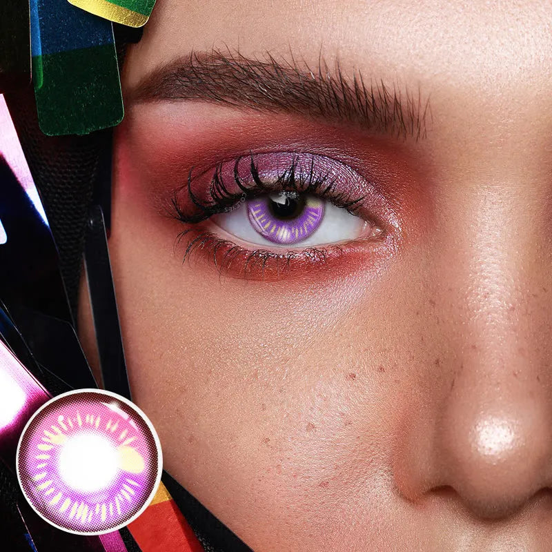 Anime violet contact lenses, crazy colored contacts, purple blue maroon lenses, cosplay contact lenses, dramatic eye enhancement, FDA approved cosmetic lenses, yearly disposable contacts, unique color combination, HEMA contact lenses, 14.5mm eye lenses, special effects contacts, prescription plano lenses, costume accessories, fashion show contacts, playful style enhancement, vibrant eye color