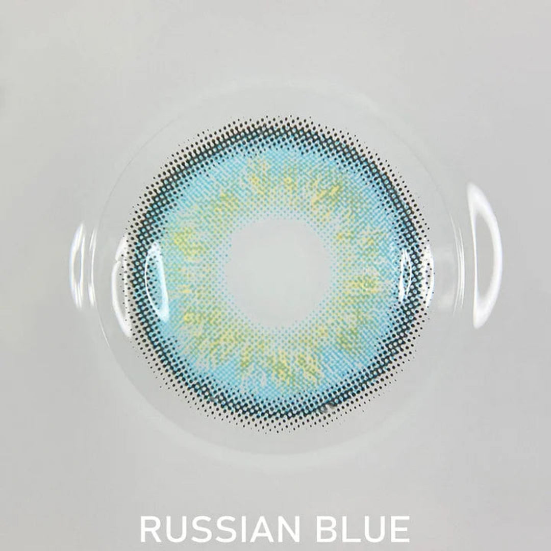 Russian blue contact lenses, natural blue colored contacts, FDA approved cosmetic lenses, yearly disposable contacts, natural eye enhancement, HEMA contact lenses, 14.5mm eye lenses, realistic eye color change, prescription plano lenses, special occasion contacts, comfortable eye lenses, beauty transformation products, universal skin tone lenses, contact lens care tips, safe colored contacts