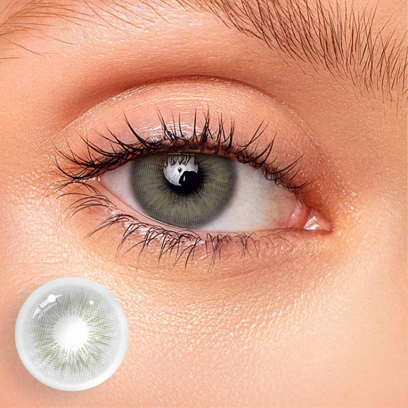 Sun Kissed Girls contact lenses, Bella Grey colored contacts, California style lenses, grey green eye contacts, natural colored lenses, FDA approved cosmetic lenses, yearly disposable contacts, daily wear contact lenses, HEMA contact lenses, 14.0mm eye lenses, summer beauty essentials, olive green radial pattern, mysterious eye color, comfortable daily lenses, prescription plano lenses, Sun Kissed Girls collection