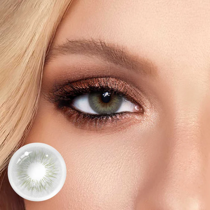 Sun Kissed Girls contact lenses, Bella Grey colored contacts, California style lenses, grey green eye contacts, natural colored lenses, FDA approved cosmetic lenses, yearly disposable contacts, daily wear contact lenses, HEMA contact lenses, 14.0mm eye lenses, summer beauty essentials, olive green radial pattern, mysterious eye color, comfortable daily lenses, prescription plano lenses, Sun Kissed Girls collection