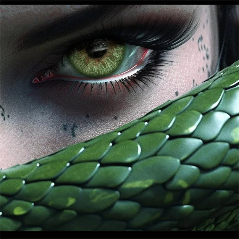 Snake pattern contact lenses, green mystical contacts, wildness collection lenses, HEMA+NVP contact lenses, snake-inspired lenses, fantasy contact lenses, 14.5mm eye lenses, FDA approved colored contacts, yearly disposable lenses, mysterious green eyes, special effect contacts, artistic eye design, fantasy event lenses, mystical beauty accessories, 2023 collection lenses, enchanting contact lenses