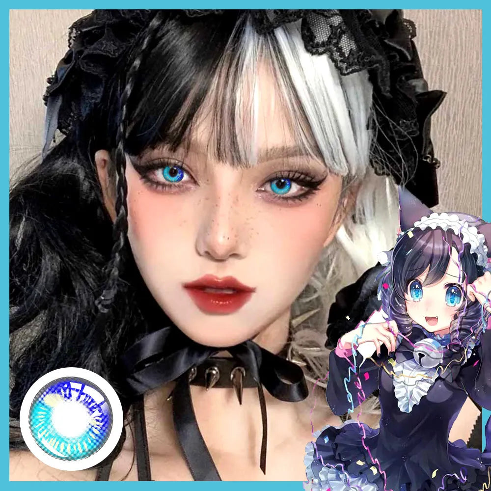 Anime blue contact lenses, vibrant colored contacts, crazy blue lenses, cosplay contact lenses, dramatic eye enhancement, FDA approved cosmetic lenses, yearly disposable contacts, HEMA contact lenses, 14.5mm eye lenses, high water content lenses, prescription plano lenses, confidence boosting contacts, individuality expression, special effects lenses, NO1prettylens products