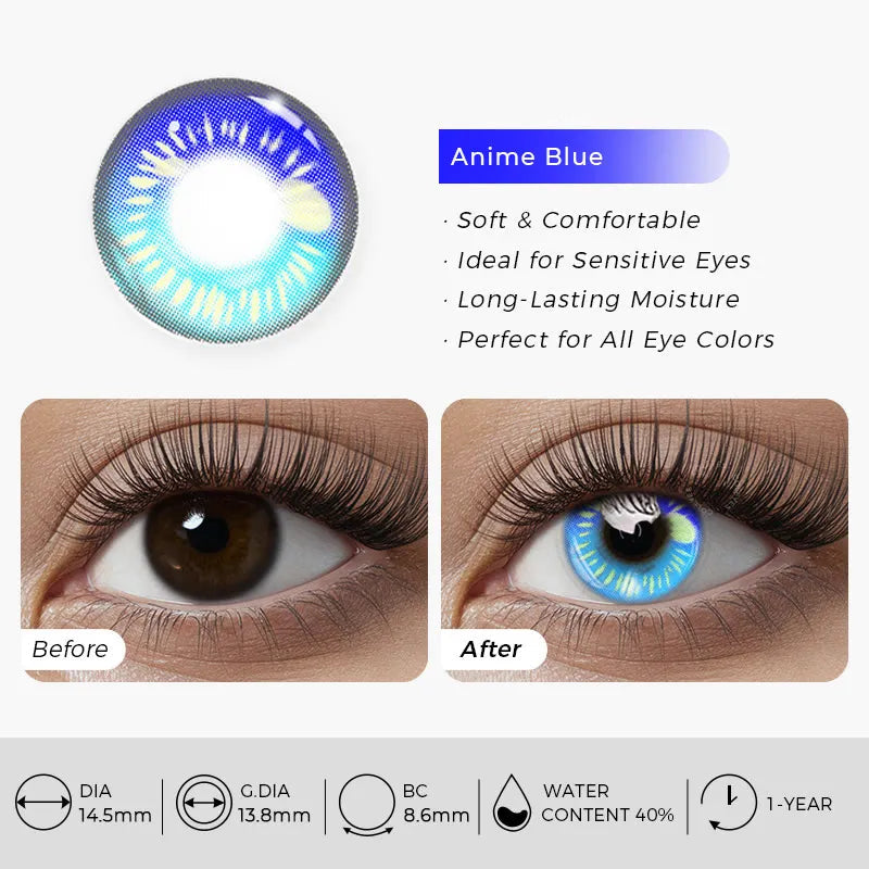 Anime blue contact lenses, vibrant colored contacts, crazy blue lenses, cosplay contact lenses, dramatic eye enhancement, FDA approved cosmetic lenses, yearly disposable contacts, HEMA contact lenses, 14.5mm eye lenses, high water content lenses, prescription plano lenses, confidence boosting contacts, individuality expression, special effects lenses, NO1prettylens products
