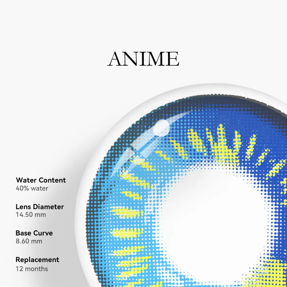 Anime blue contact lenses, vibrant colored contacts, crazy blue lenses, cosplay contact lenses, dramatic eye enhancement, FDA approved cosmetic lenses, yearly disposable contacts, HEMA contact lenses, 14.5mm eye lenses, high water content lenses, prescription plano lenses, confidence boosting contacts, individuality expression, special effects lenses, NO1prettylens products