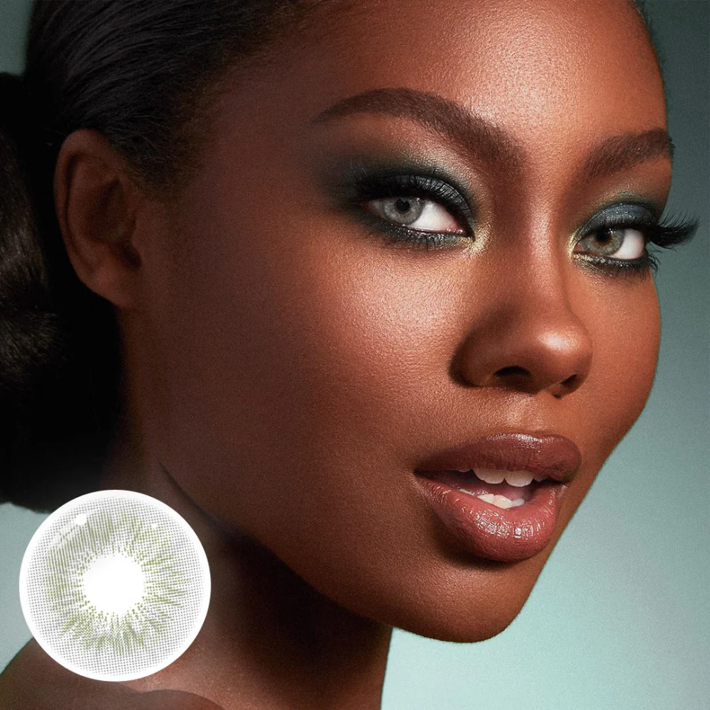 Sun Kissed Girls contact lenses, Bella Grey colored contacts, California style lenses, grey green eye contacts, natural colored lenses, FDA approved cosmetic lenses, yearly disposable contacts, daily wear contact lenses, HEMA contact lenses, 14.0mm eye lenses, summer beauty essentials, olive green radial pattern, mysterious eye color, comfortable daily lenses, prescription plano lenses, Sun Kissed Girls collection