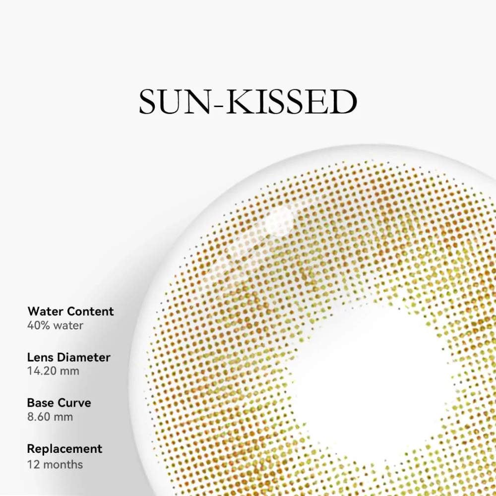 Sun Kissed Girls contact lenses, Selena Brown colored contacts, California sunshine lenses, brown golden eye contacts, natural colored lenses, FDA approved cosmetic lenses, yearly disposable contacts, daily wear contact lenses, HEMA contact lenses, 14.2mm eye lenses, summer beauty essentials, golden radial pattern, west coast style, comfortable daily lenses, prescription plano lenses, Sun Kissed Girls collection, beach beauty accessories